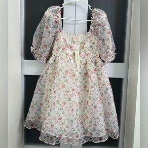 Francesca’s Floral Puff-Sleeve Kids Dress - Cream with Pink & Green Flowers